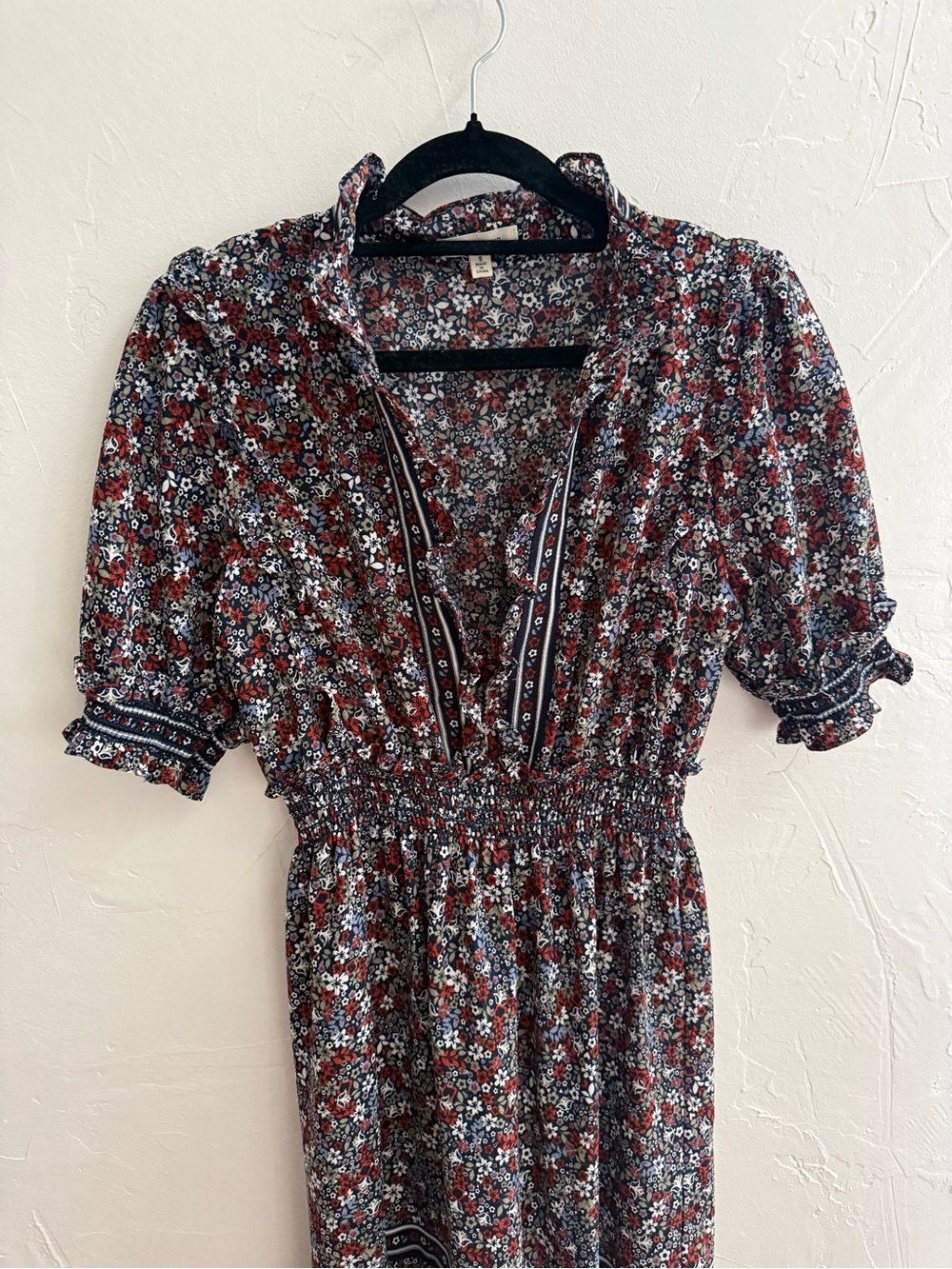 Max Studio Red & Navy Floral Smocked Midi Dress